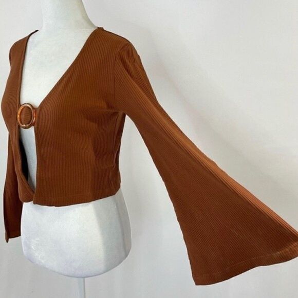 Anthropologie Callahan Open Front Ring Bell Sleeve Ribbed Vera Top Coco Mocha M - Picture 9 of 16